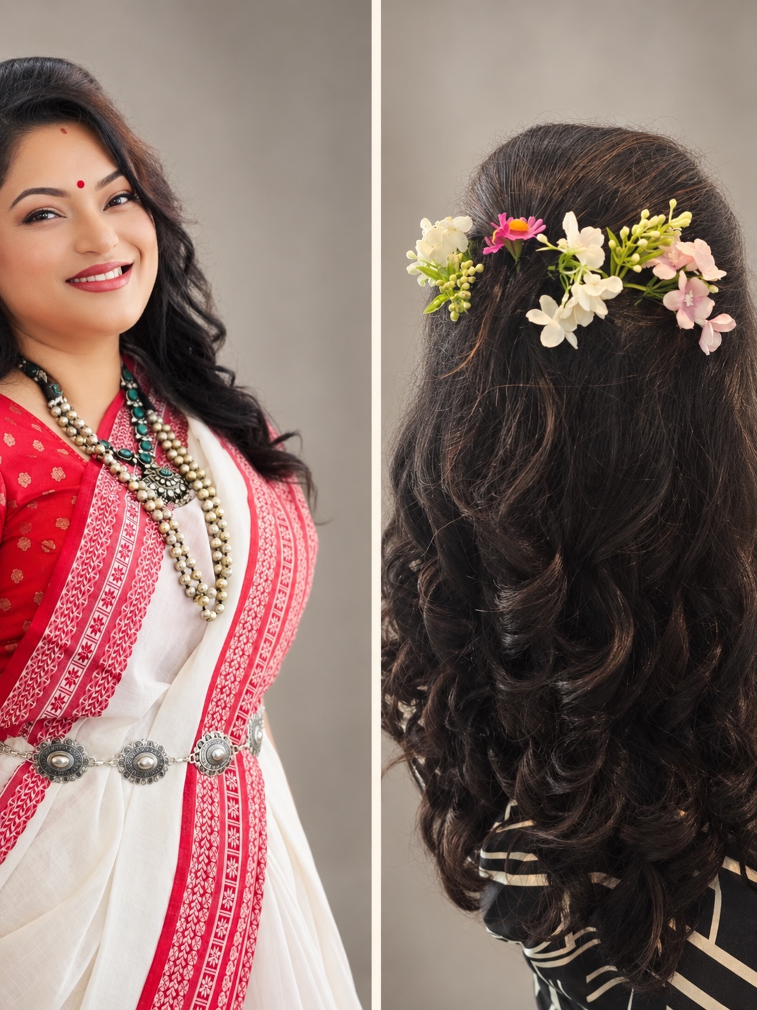 Bridal makeup and dark curls finished with fresh flowers