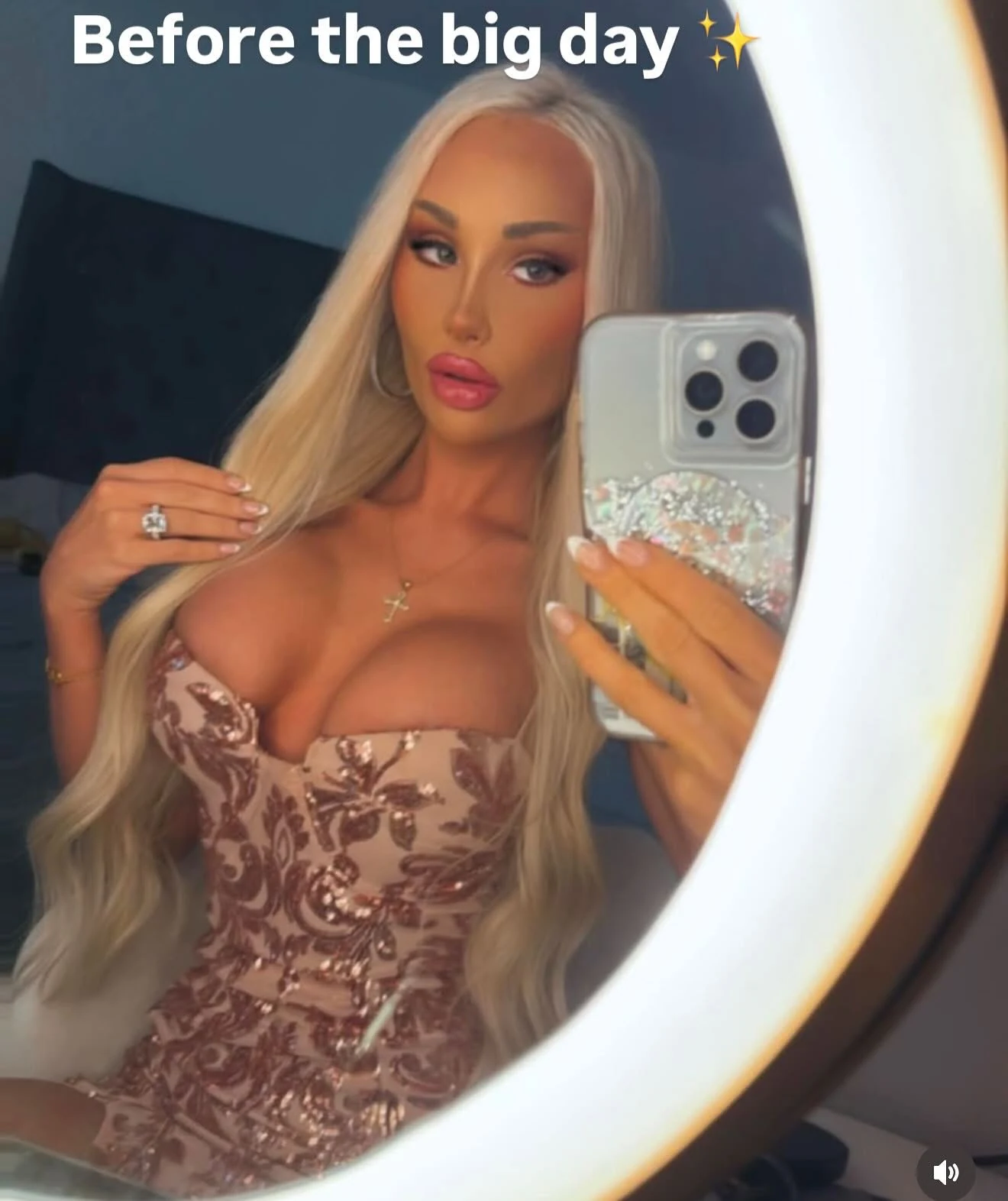 Long straight blonde hair in a getting-ready mirror photograph